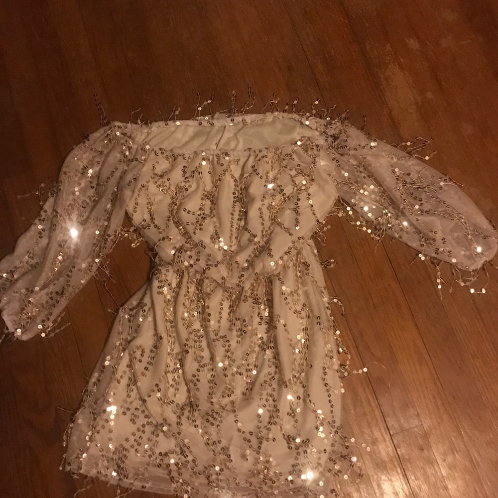 Adorable gold sequin off the shoulder dress